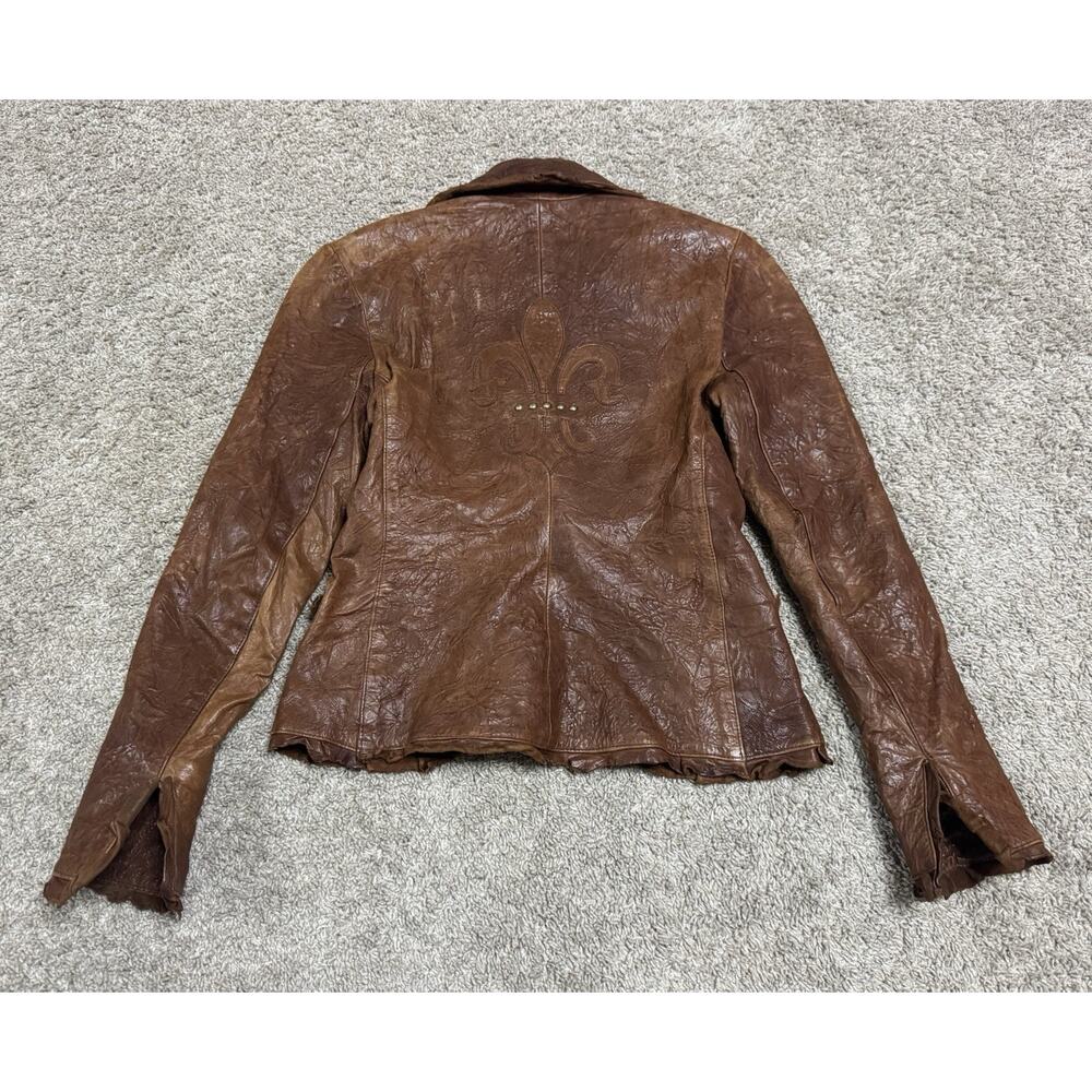 Vintage ZINI Brown Leather Blazer Jacket Leopard Lined Fleur De Lis Studded XS - Picture 5 of 11